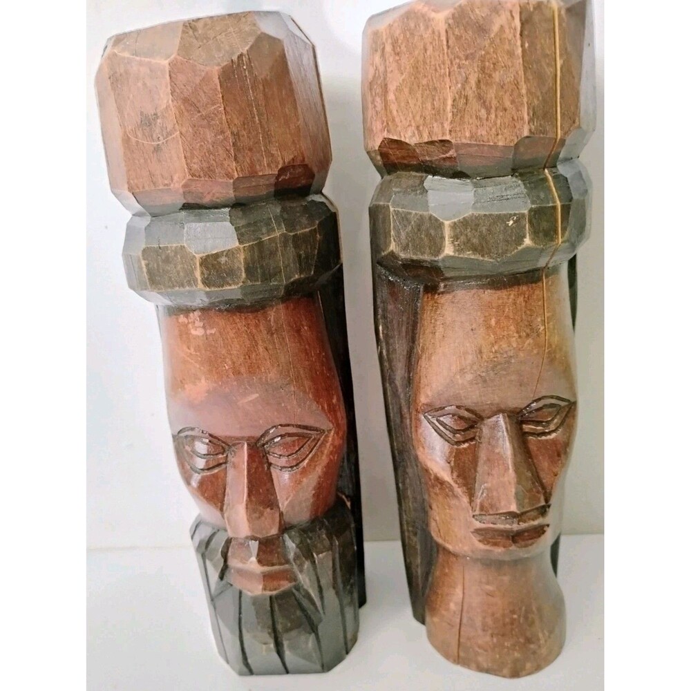 Vtg Jamaican Hand Carved Wood Bookends Set 8.5" Man Woman Folk Art Statues Pair
